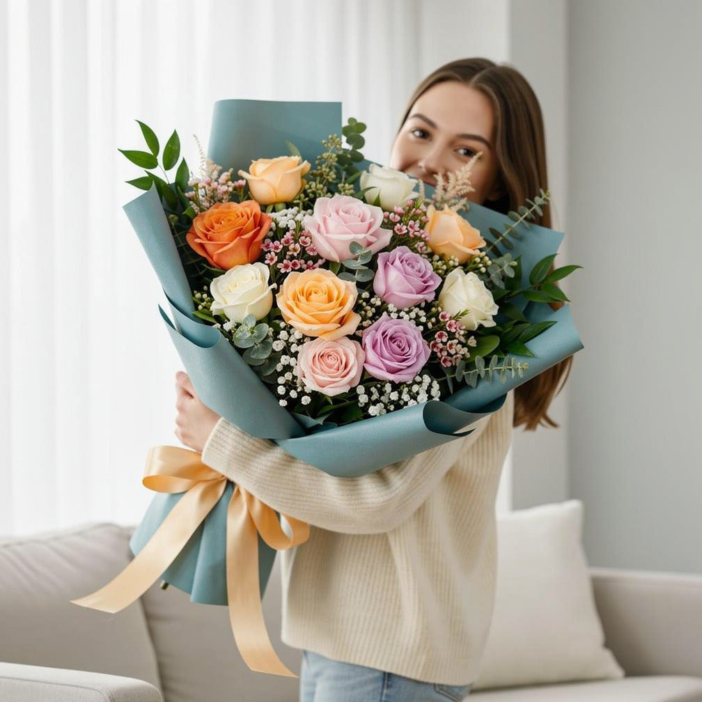 Bouquet of Mixed Roses in Soft Shades for Father’s Day held by a model, view 1