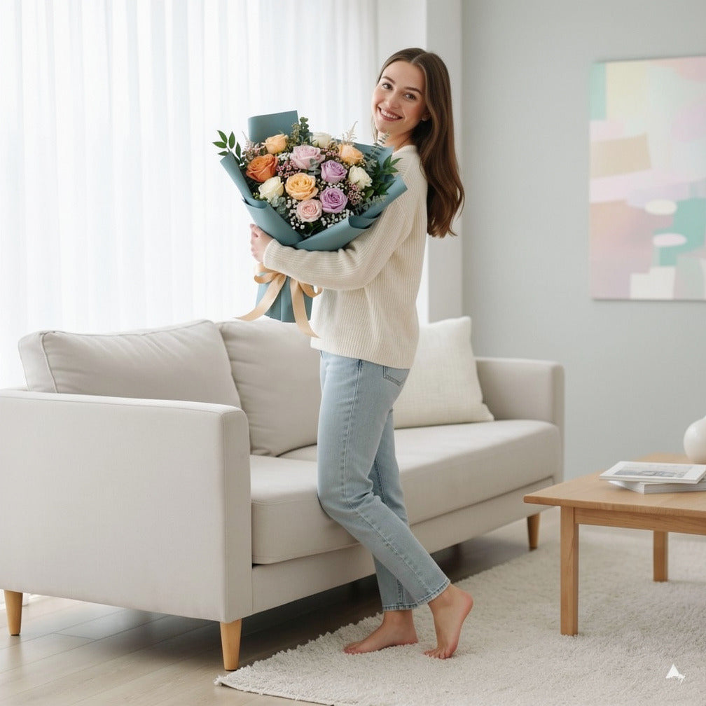 Bouquet of Mixed Roses in Soft Shades for Father’s Day held by a model, view 2