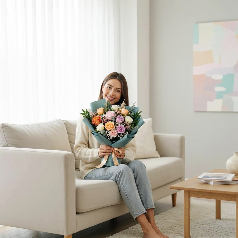 Bouquet of Mixed Roses in Soft Shades for Father’s Day held by a model, view 3