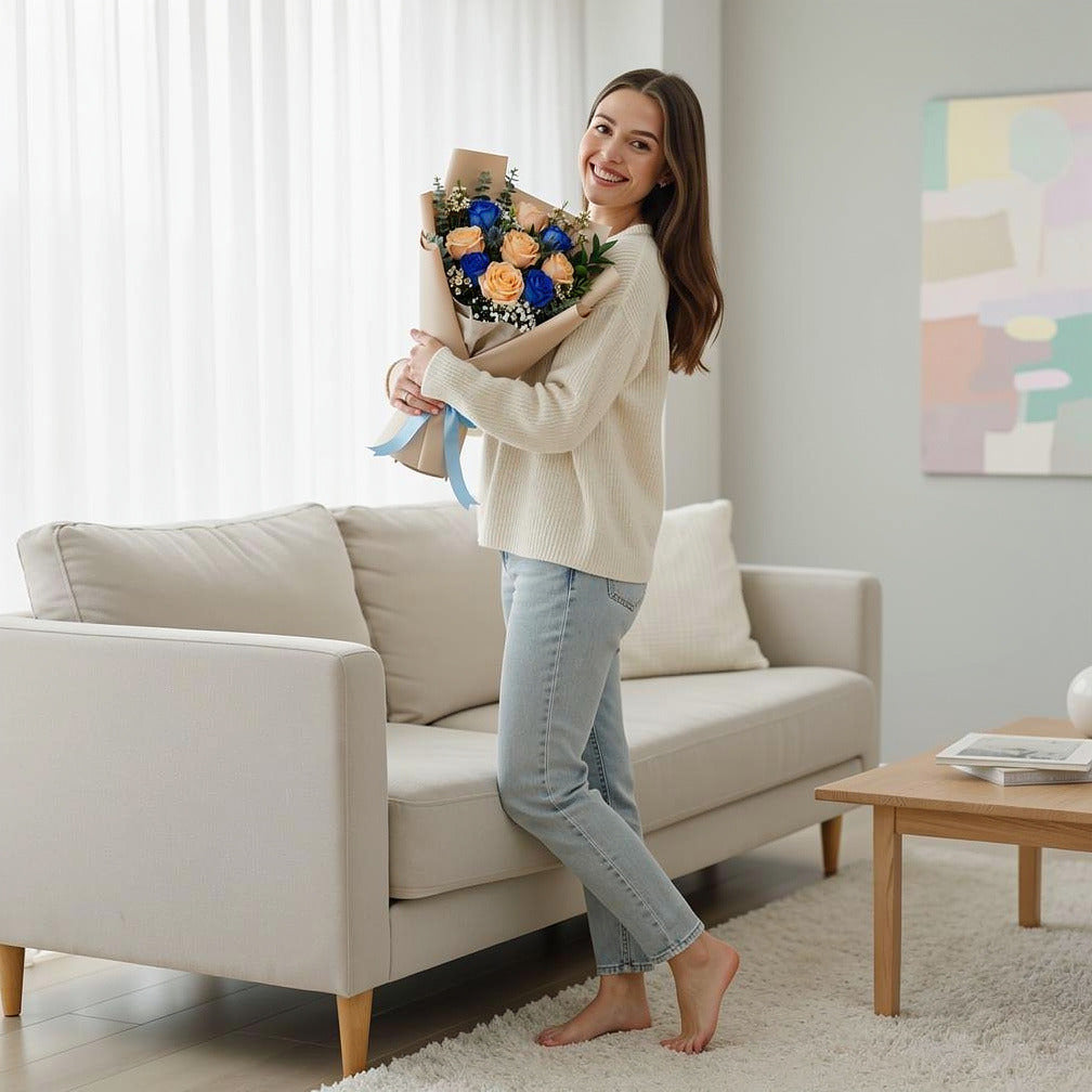 Bouquet of Peach & Blue Roses for Father’s Day held by a model, view 2