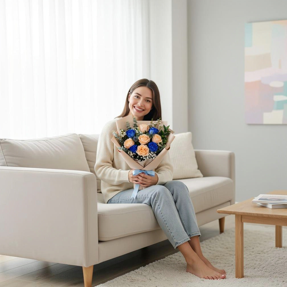 Bouquet of Peach & Blue Roses for Father’s Day held by a model, view 3