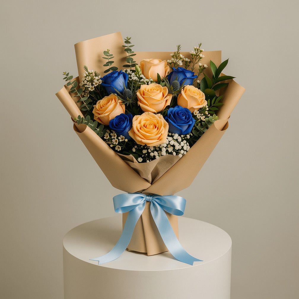 Bouquet of Peach & Blue Roses for Father’s Day