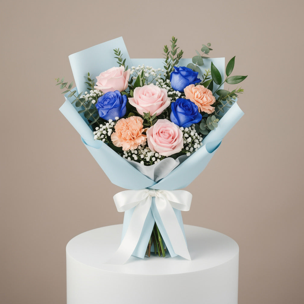 Bouquet of Pink & Blue Roses with Peach Carnations for Father’s Day