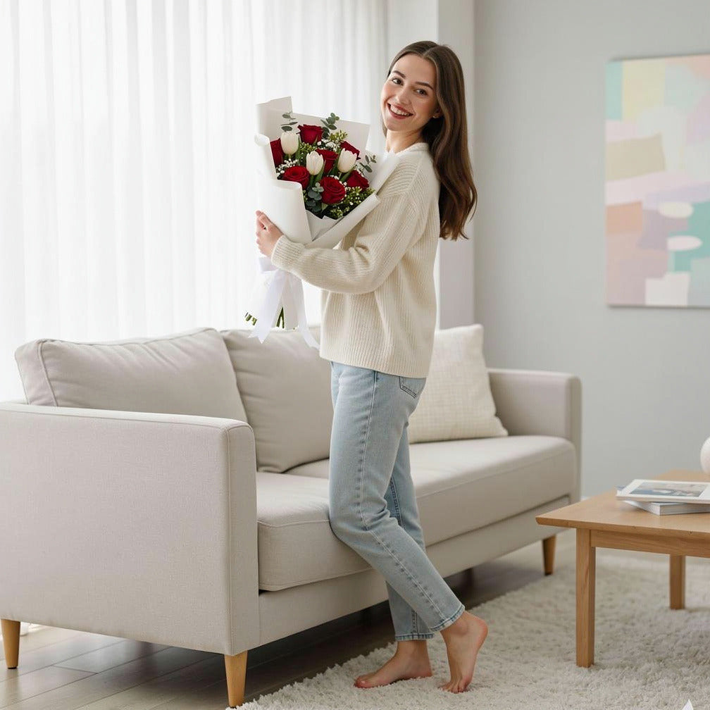 Bouquet of Red Roses & White Tulips For Eid held by a model, view 2