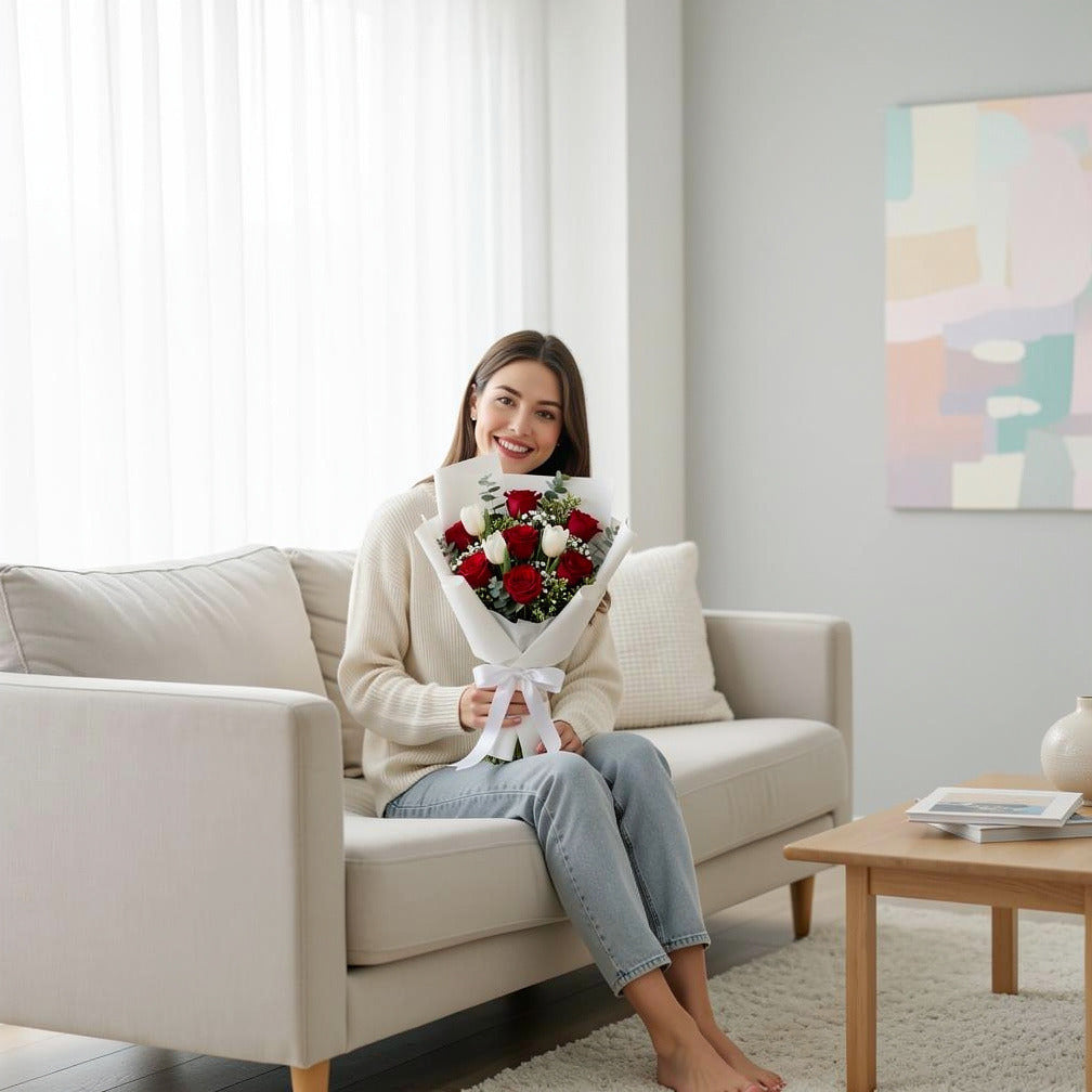 Bouquet of Red Roses & White Tulips For Eid held by a model, view 3
