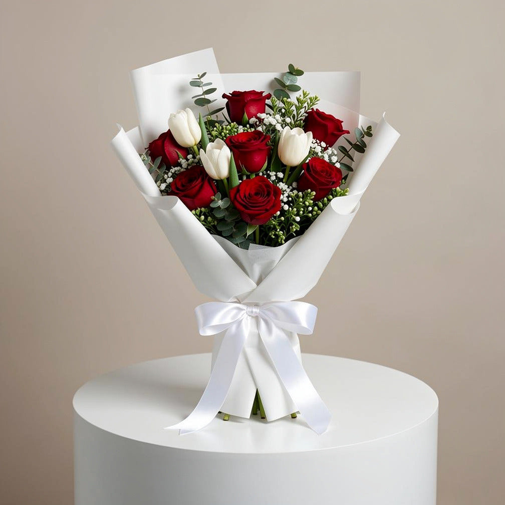 Bouquet of Red Roses & White Tulips For Eid