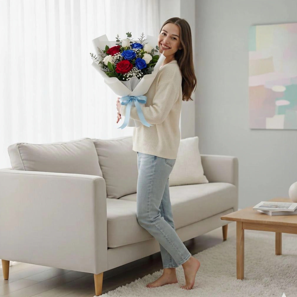 Bouquet of White, Red & Blue Roses for Father’s Day held by a model, view 2
