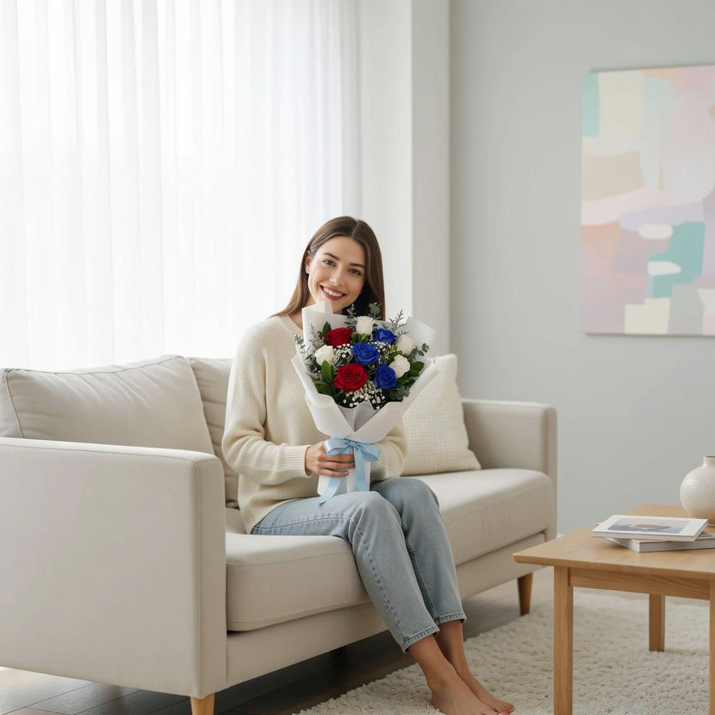 Bouquet of White, Red & Blue Roses for Father’s Day held by a model, view 3