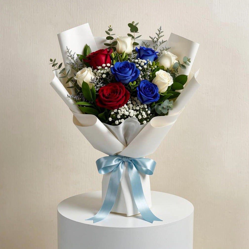 Bouquet of White, Red & Blue Roses for Father’s Day