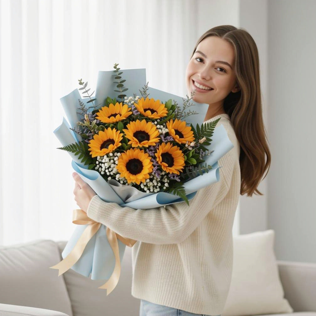 Bright Bouquet of Sunflowers for Father’s Day held by a model, view 1