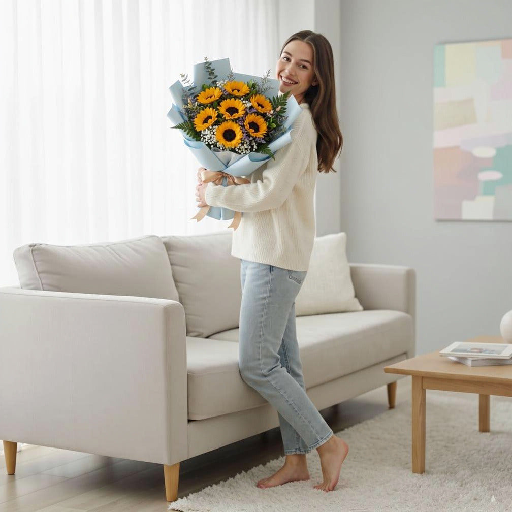 Bright Bouquet of Sunflowers for Father’s Day held by a model, view 2