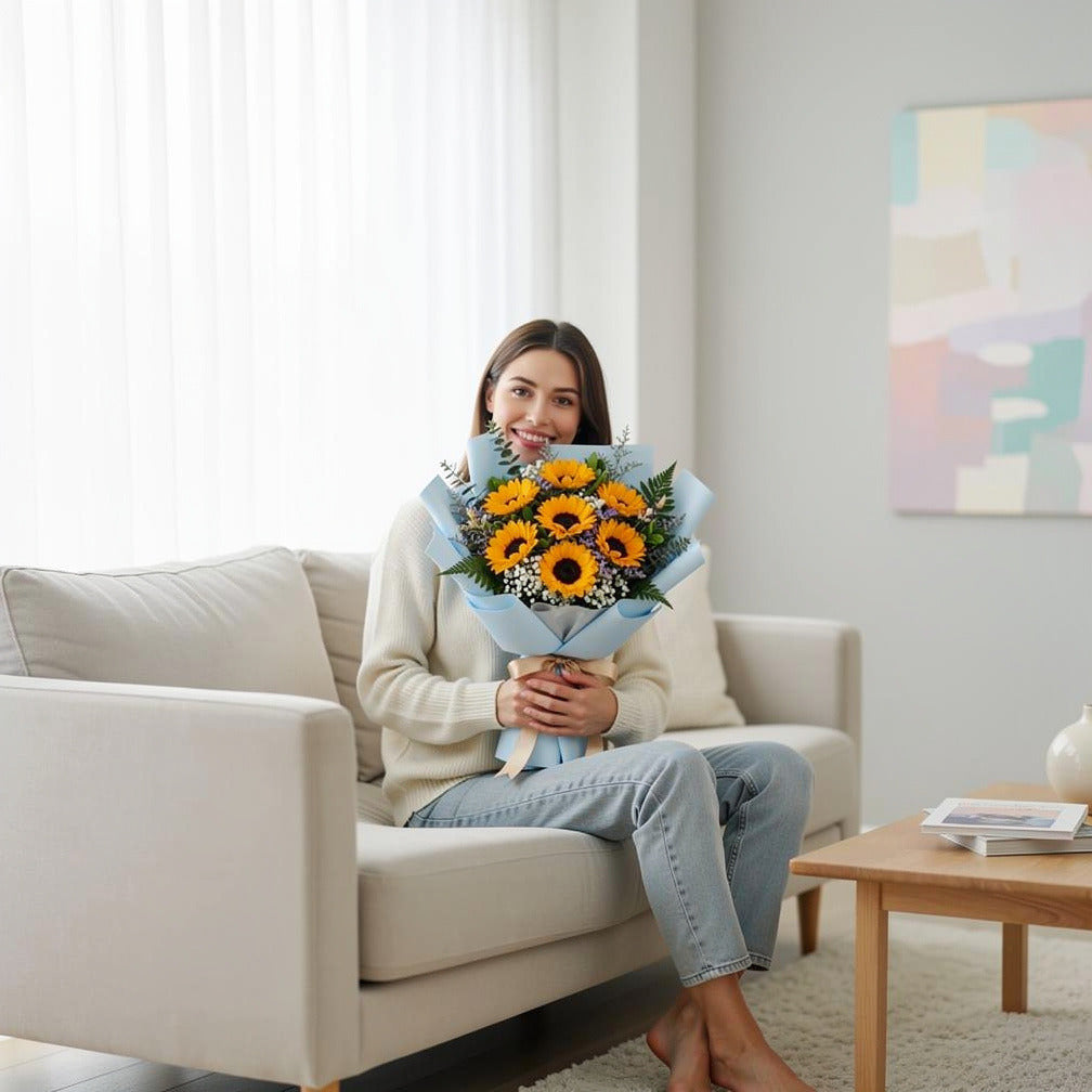 Bright Bouquet of Sunflowers for Father’s Day held by a model, view 3