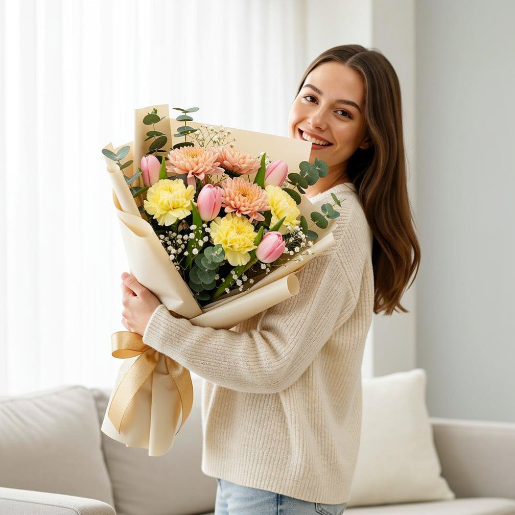 Bright Horizon Mixed Blooms Graduation Bouquet held by a model, view 1