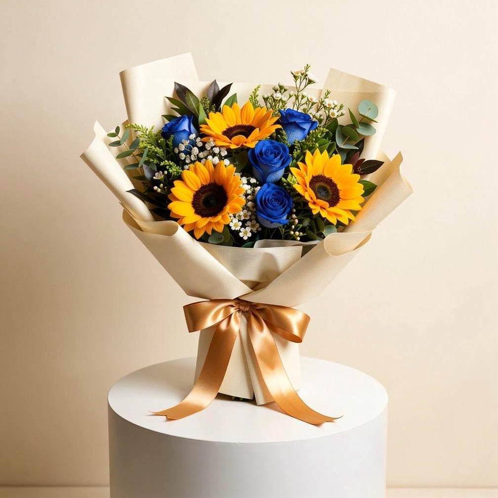 Bright Sunflower & Blue Rose Bouquet