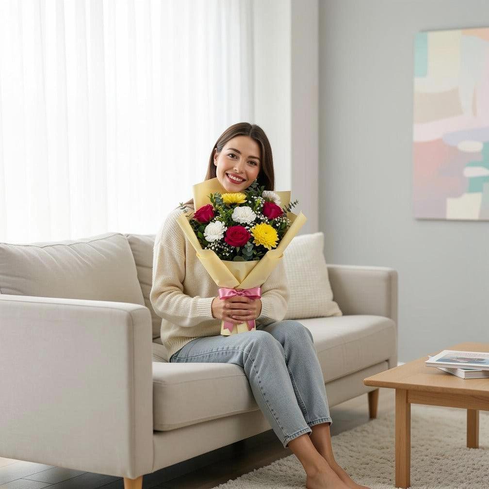 Charm Bouquet of Pink Roses & Yellow Chrysanthemum held by a model, view 3
