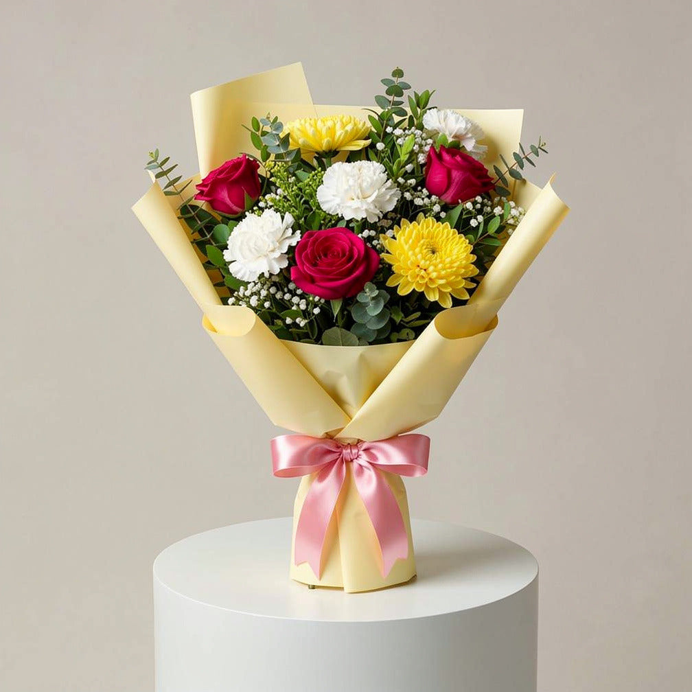 Charm Bouquet of Pink Roses & Yellow Chrysanthemum