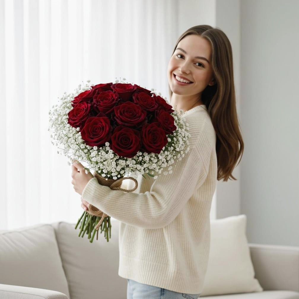 Charming Bridal Bouquet of 15 Elegant Red Roses held by a model, view 1
