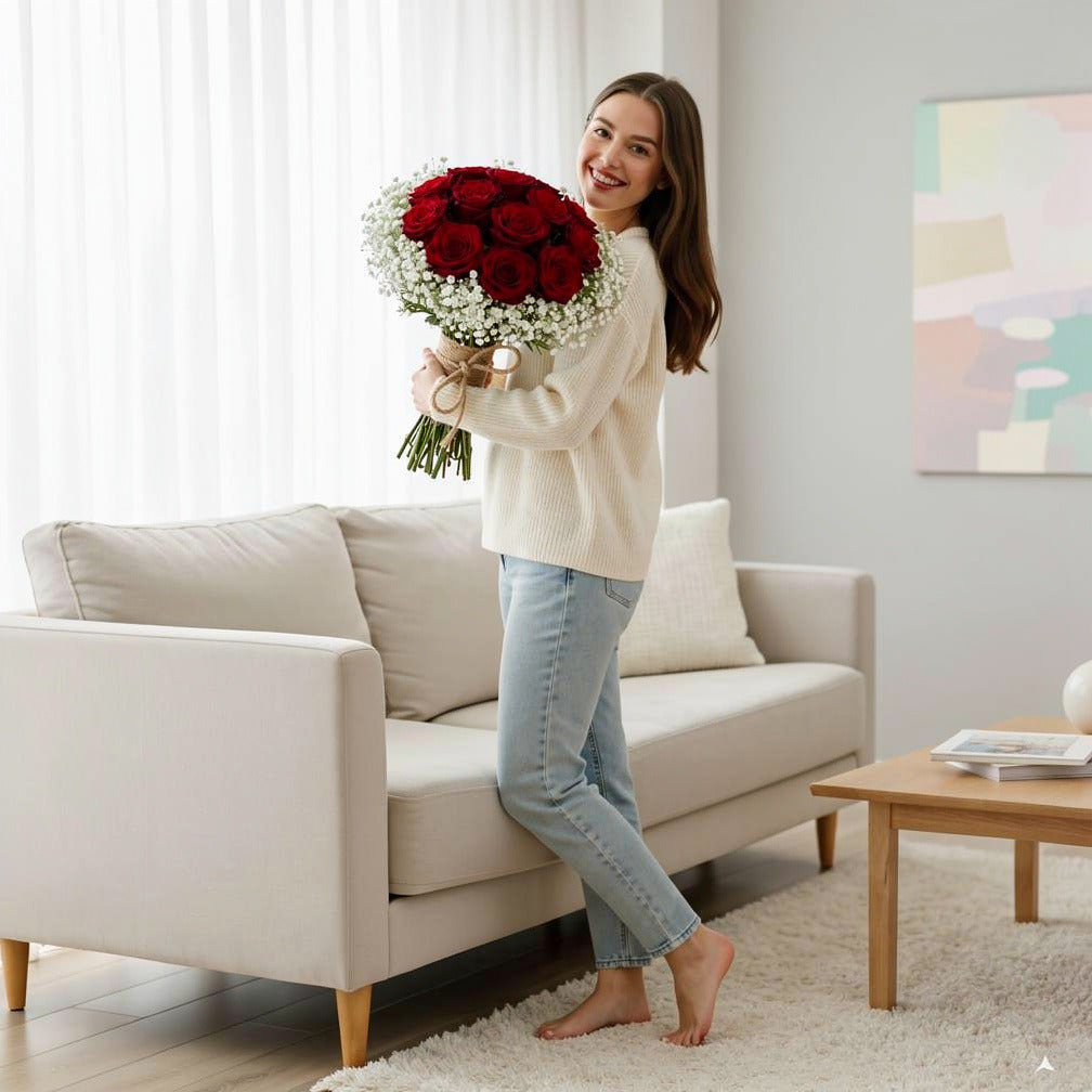 Charming Bridal Bouquet of 15 Elegant Red Roses held by a model, view 2
