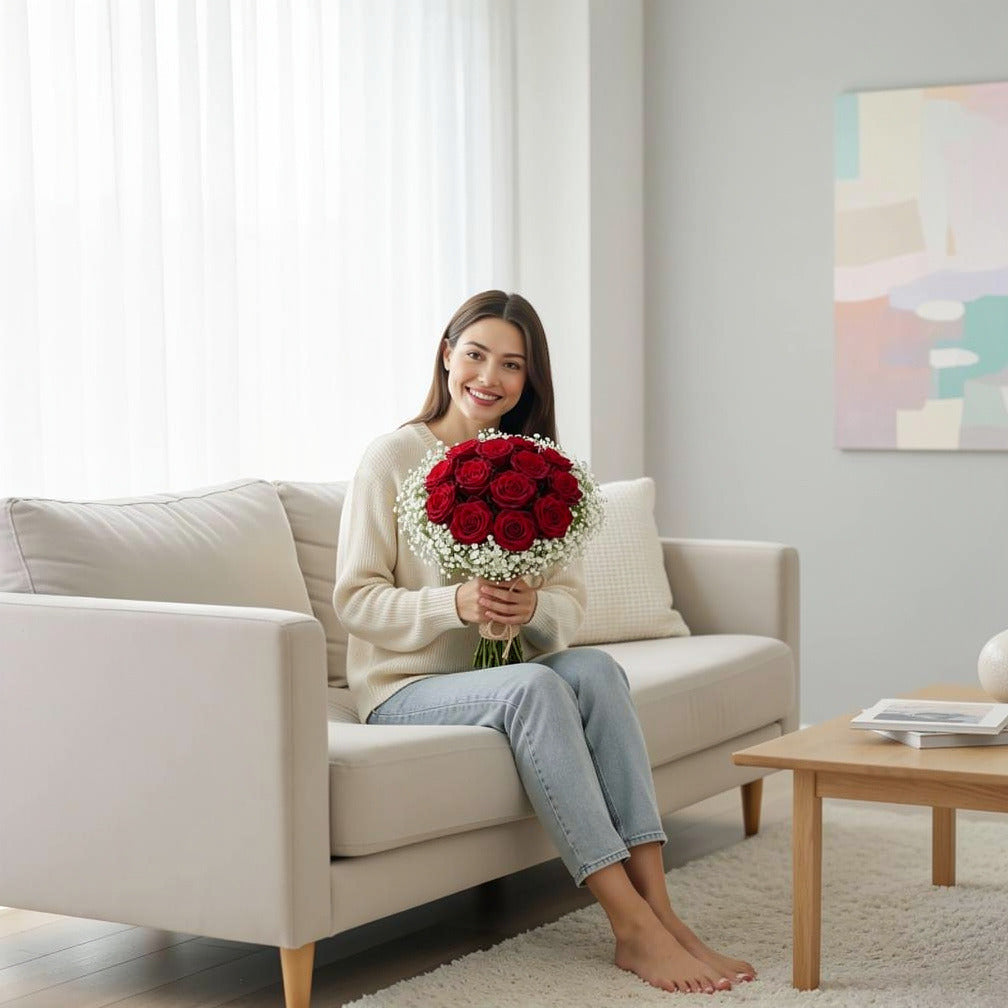 Charming Bridal Bouquet of 15 Elegant Red Roses held by a model, view 3