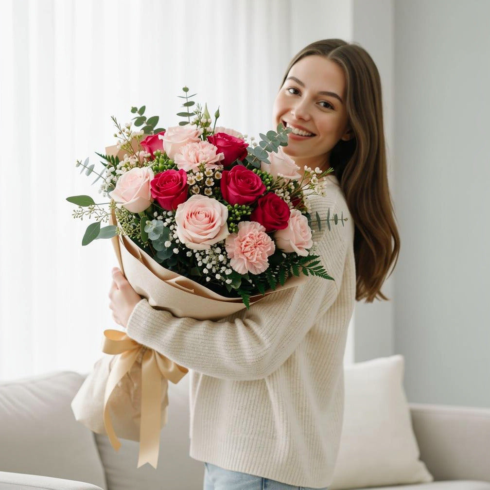 Charming Bridal Bouquet of Pink Roses, Pink Carnations held by a model, view 1