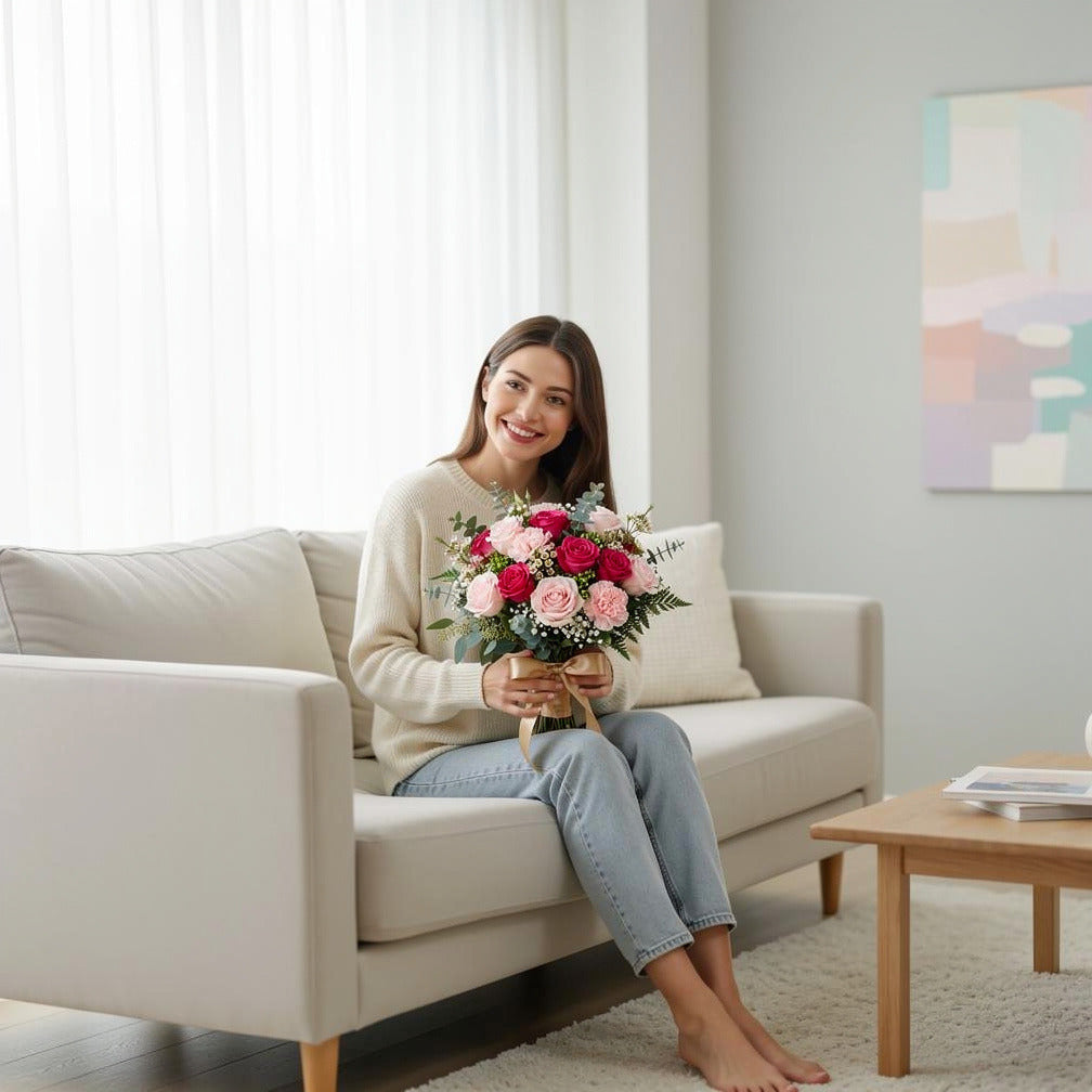 Charming Bridal Bouquet of Pink Roses, Pink Carnations held by a model, view 3
