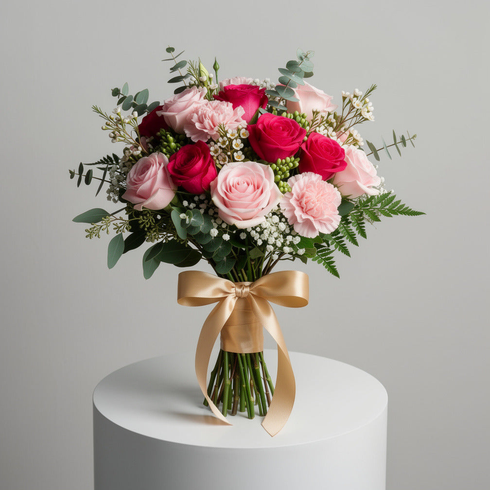 Charming Bridal Bouquet of Pink Roses, Pink Carnations