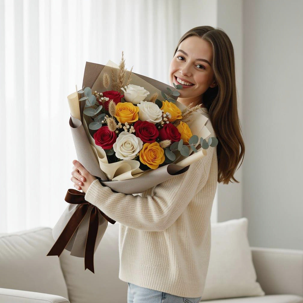 Chocolate Cake & Rose Bouquet Combo held by a model, view 1