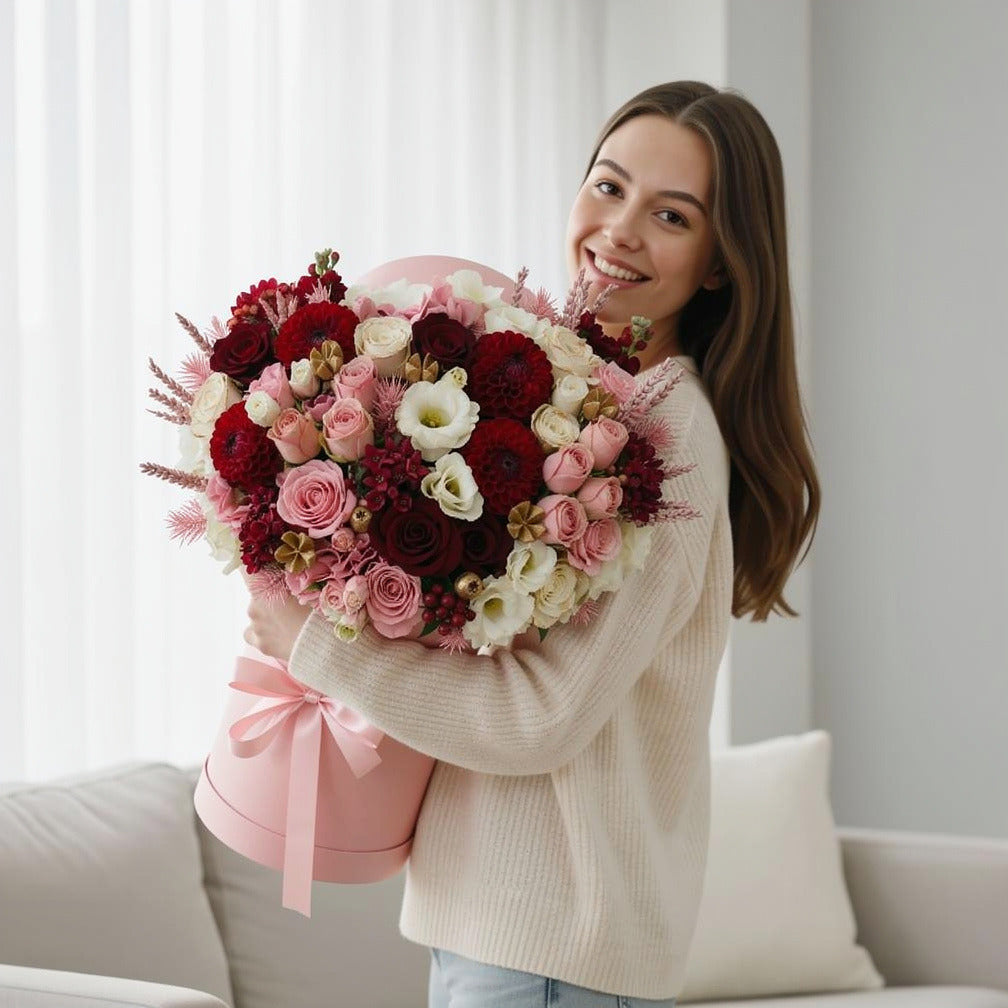 Christmas Special Flower Box held by a model, view 1