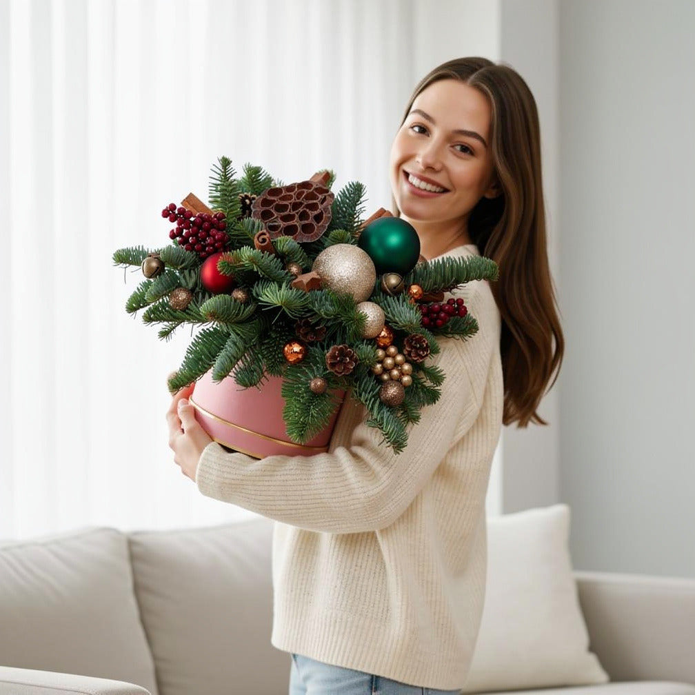 Christmas Special Ornament Flower Box held by a model, view 1