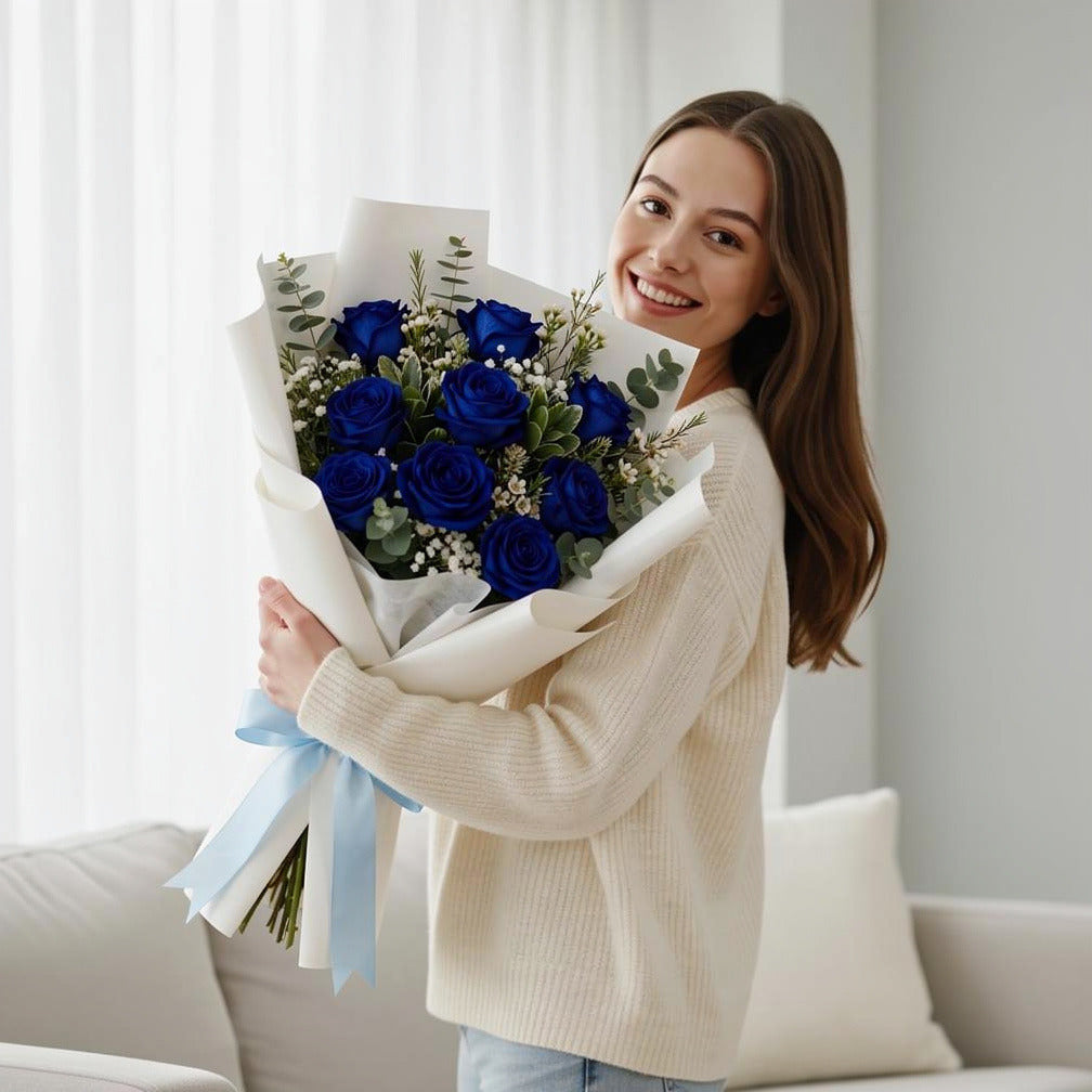 Classic Bouquet of 9 Blue Roses for Father’s Day held by a model, view 1