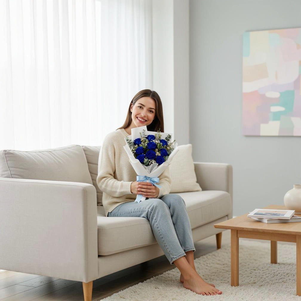 Classic Bouquet of 9 Blue Roses for Father’s Day held by a model, view 3