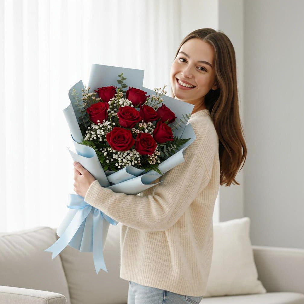 Classic Bouquet of 9 Red Roses for Father’s Day held by a model, view 1