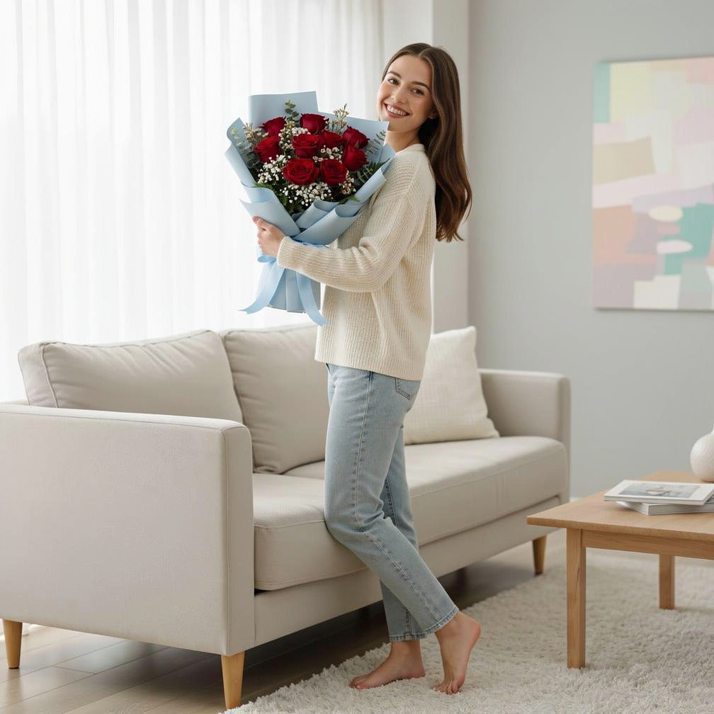 Classic Bouquet of 9 Red Roses for Father’s Day held by a model, view 2