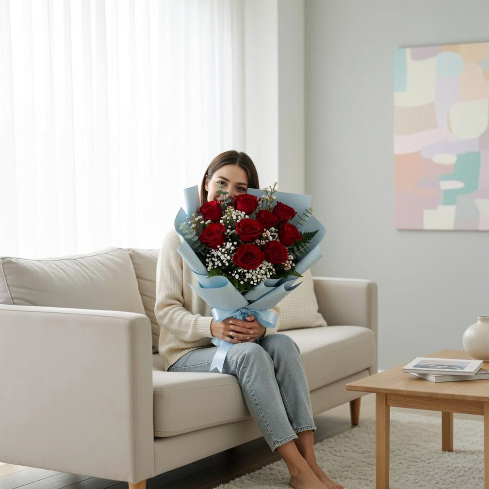 Classic Bouquet of 9 Red Roses for Father’s Day held by a model, view 3
