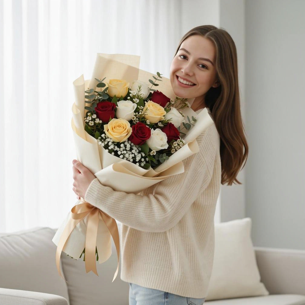 Classic Bouquet of White, Yellow & Red Roses held by a model, view 1