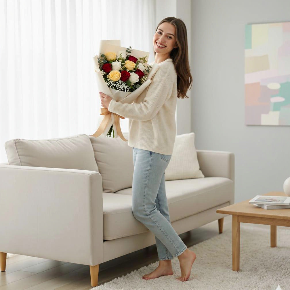 Classic Bouquet of White, Yellow & Red Roses held by a model, view 2