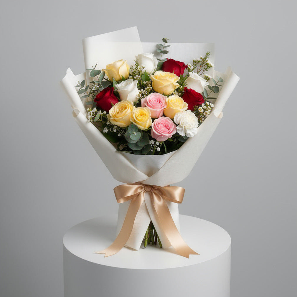 Classic Bouquet of White, Yellow & Red Roses