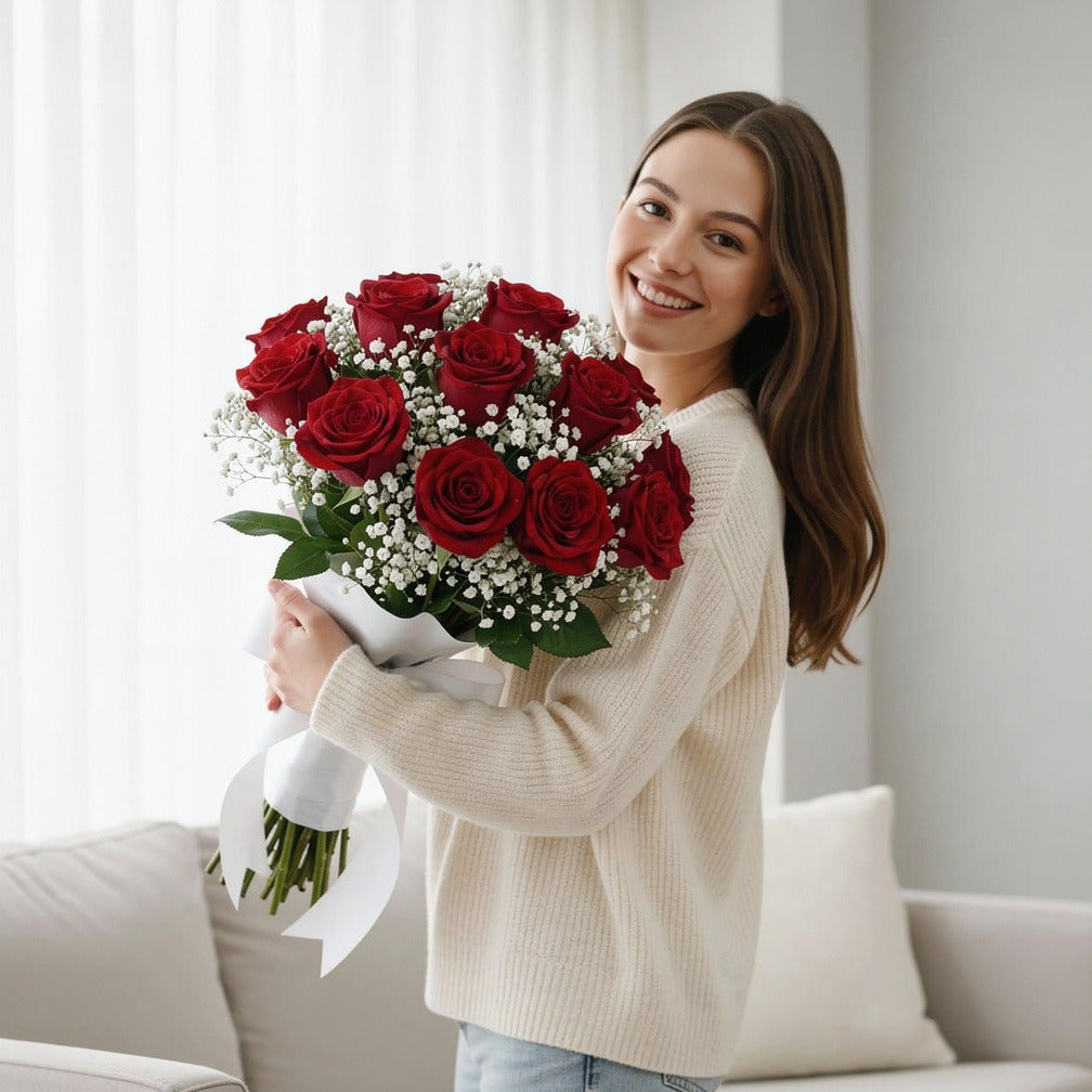 Classic Bridal Bouquet of 14 Red Roses held by a model, view 1