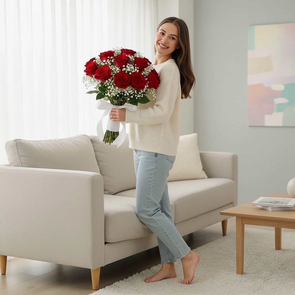 Classic Bridal Bouquet of 14 Red Roses held by a model, view 2