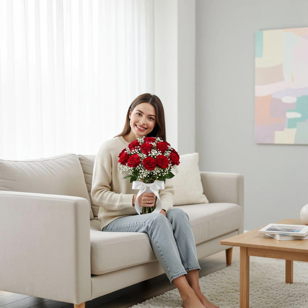 Classic Bridal Bouquet of 14 Red Roses held by a model, view 3