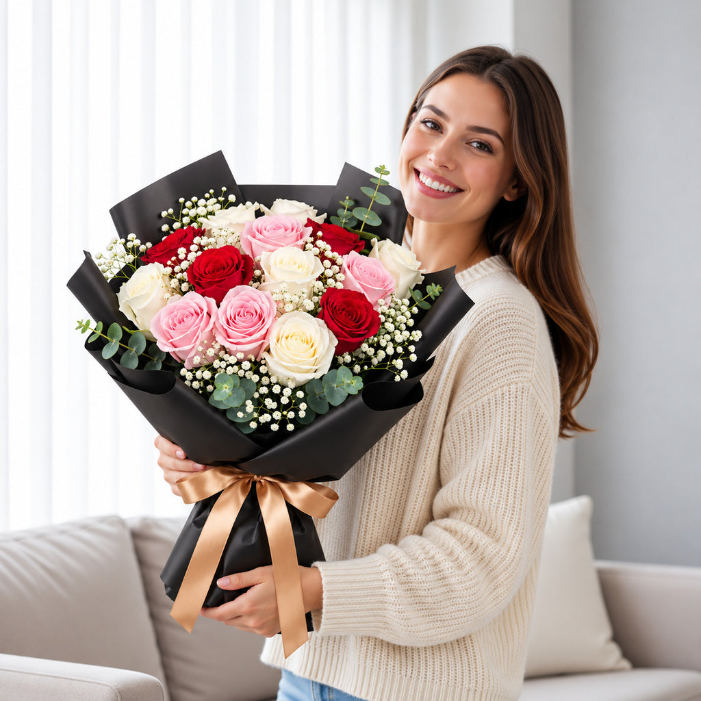 Classic Red, Pink & White Rose Bouquet in Black Wrap held by a model, view 1