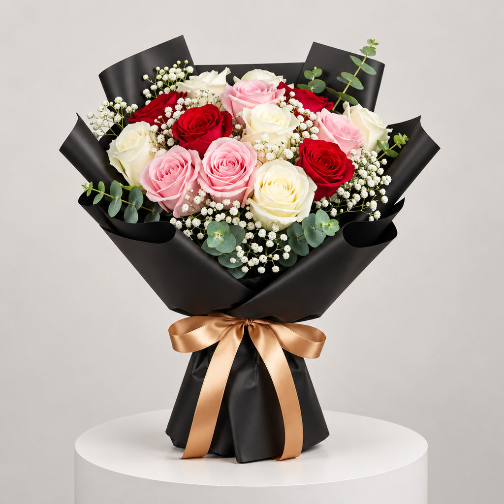 Classic Red, Pink & White Rose Bouquet in Black Wrap