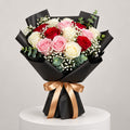 Classic Red, Pink & White Rose Bouquet in Black Wrap