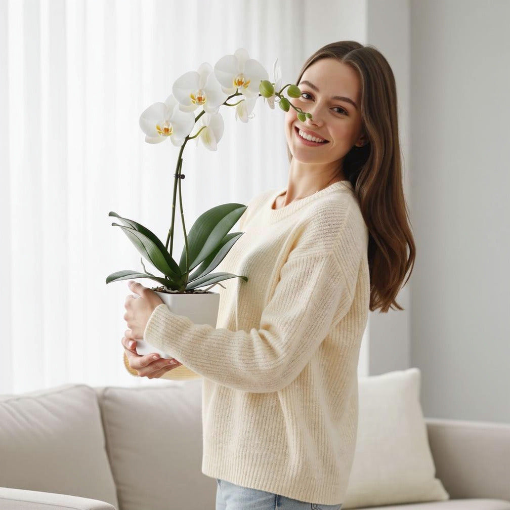 Classic Single White Orchid held by a model, view 1