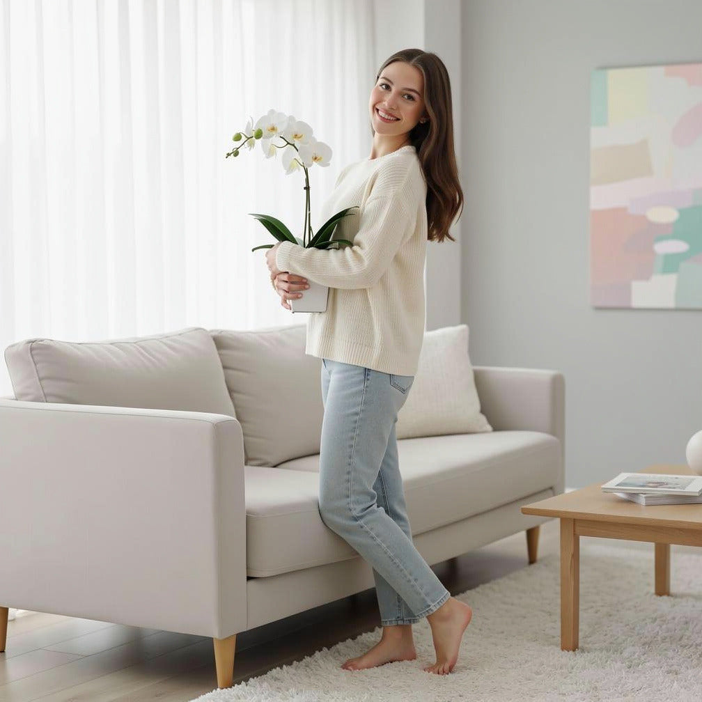 Classic Single White Orchid held by a model, view 2