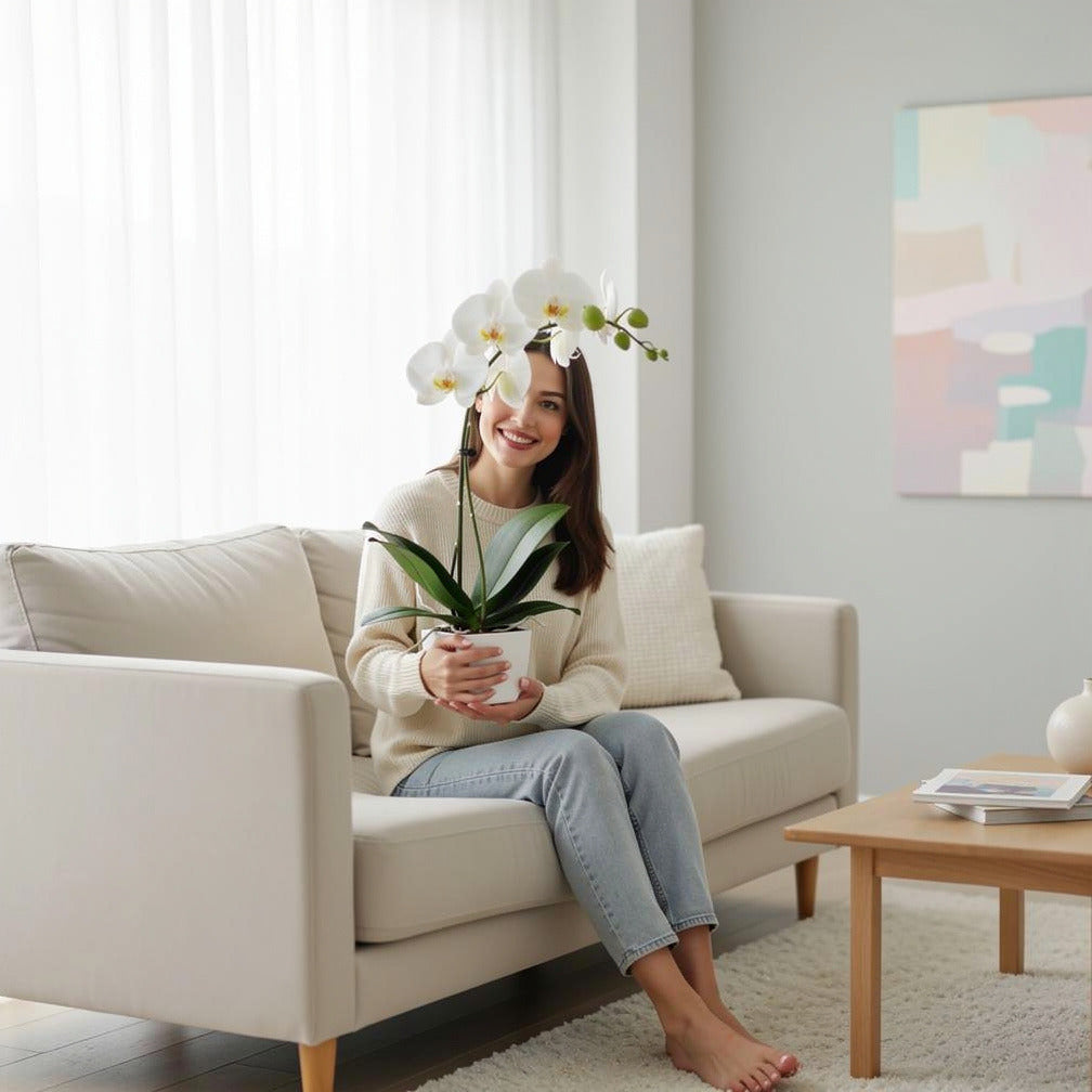 Classic Single White Orchid held by a model, view 3