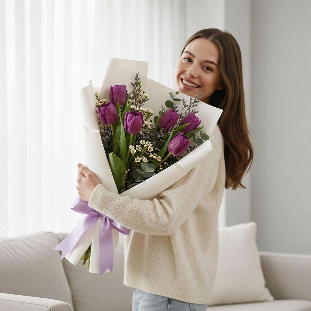 Classic Spring Purple Tulip Bouquet held by a model, view 1