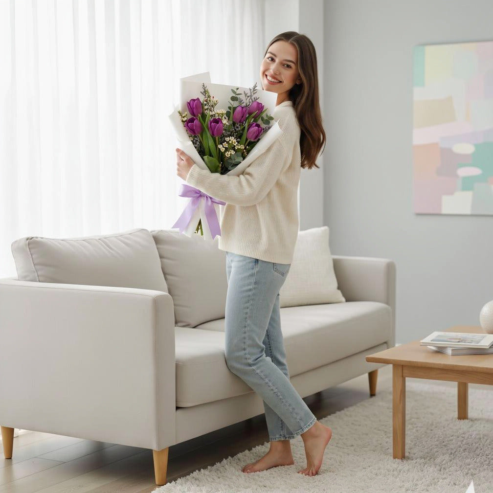 Classic Spring Purple Tulip Bouquet held by a model, view 2