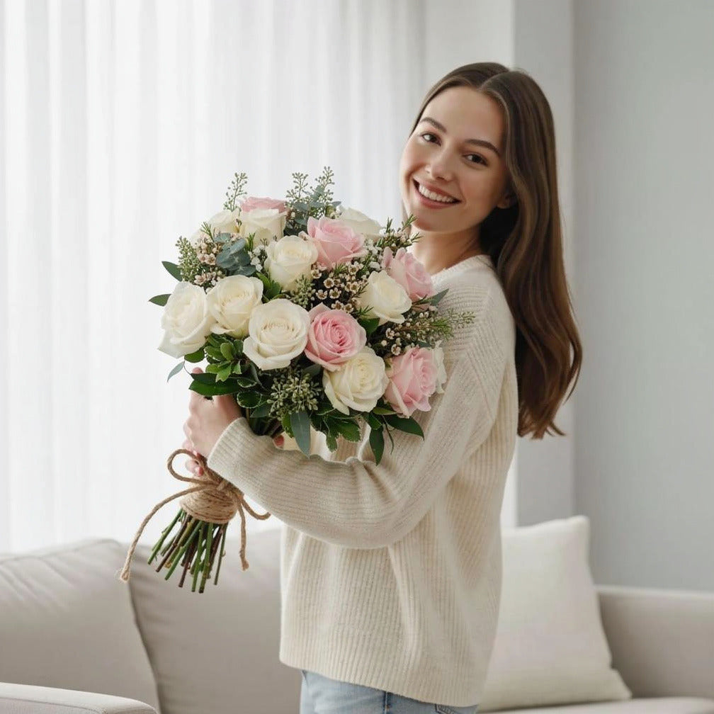 Delicate Bridal Bouquet of White & Pink Roses held by a model, view 1