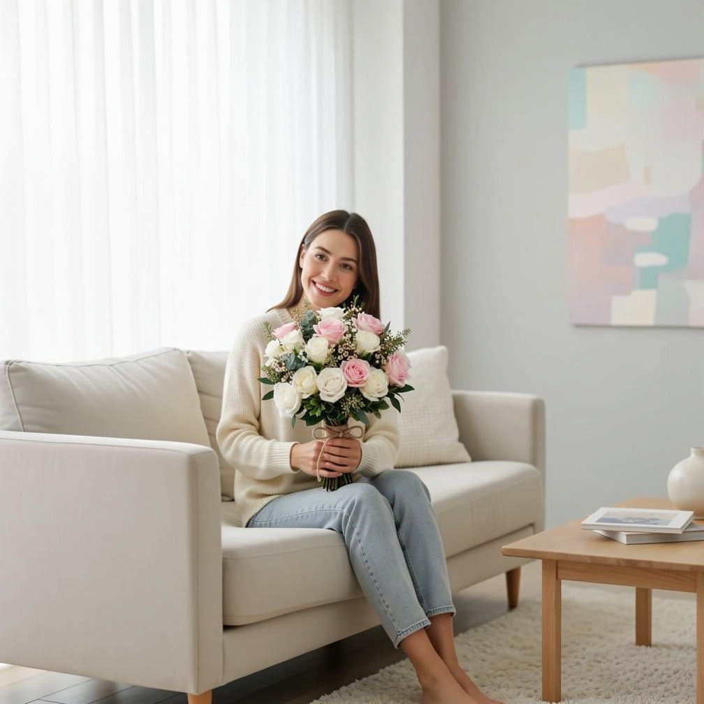 Delicate Bridal Bouquet of White & Pink Roses held by a model, view 3